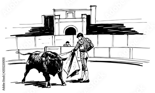 Fotografie Bullfight scene with matador and bull in arena hand drawn sketch vector illustra