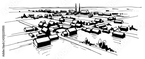 Bild auf Leinwand Aerial view of a rural village or poor settlement hand drawn landscape sketch ve