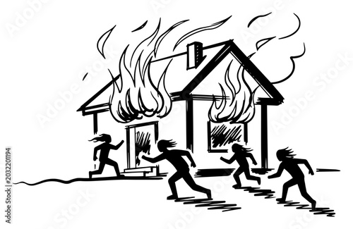 Billede på lærred People escaping a burning house during a fire emergency vector sketch illustrati
