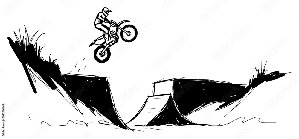 Εκτύπωση καμβά Motocross rider performing a jump on a dirt ramp freestyle vector sketch