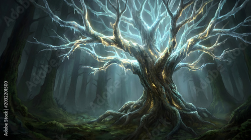 Gothic Forest Tree with Glowing Branches in Dark Mysterious Magical Environment for Fantasy Art
