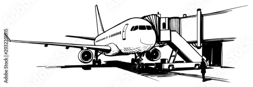 Airplane connected to a jet bridge at the airport terminal gate vector sketch illustration