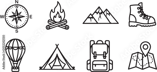 Photos Set of eight outdoor adventure icons including hiking boot and map Vector
