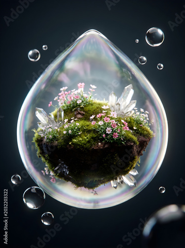 Nature Crystal Droplet Containing Lush Moss Garden and Sparkling Quartz Elements for Growth Concept