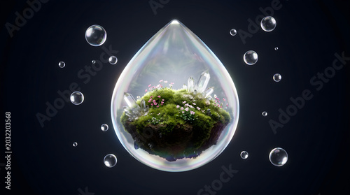 Nature Microcosm Seedling Inside Crystal Droplet Glowing Fantasy Concept for Life Growth and Hope
