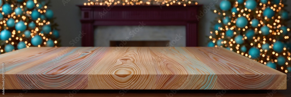 Fototapeta premium Wooden tabletop surface displayed with blurred holiday background