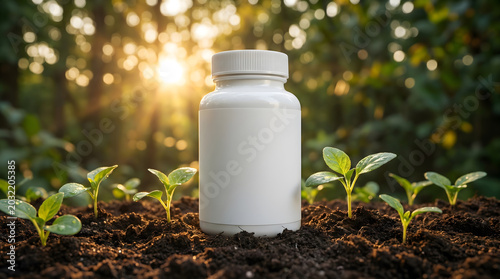 Seedling Growth White Bottle Against Lush Soil and Sunlit Background for Organic Health Concept