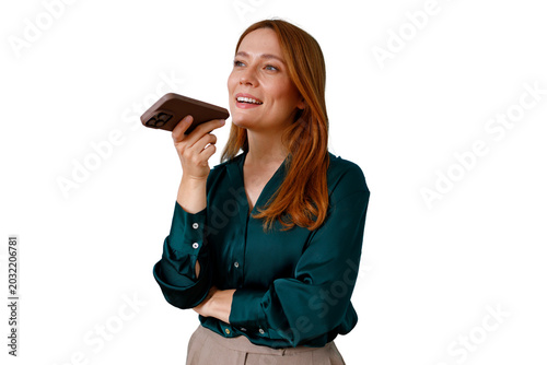 Obraz na plátne Woman sending voice message using smartphone on speakerphone, communicating with