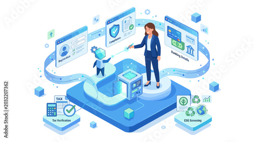 Isometric business process automation and digital compliance management illustration with professional woman and data workflow icons for corporate financial technology and tax verification
