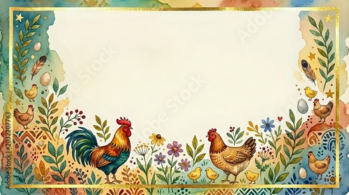 Rustic farm border frame with roosters, hens and wildflowers on textured background for country kitchen decor, recipe cards and agricultural designs.