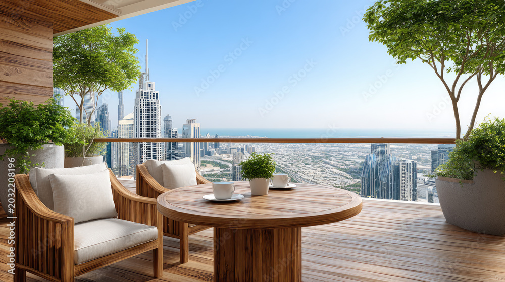 Fototapeta premium Elegant hotel terrace offering a peaceful morning coffee break with a stunning panoramic view of an urban cityscape, connecting luxury travel and serene relaxation