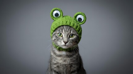 Cute tabby cat wearing a green knitted frog hat with googly eyes, sitting against a gray background, funny pet portrait.