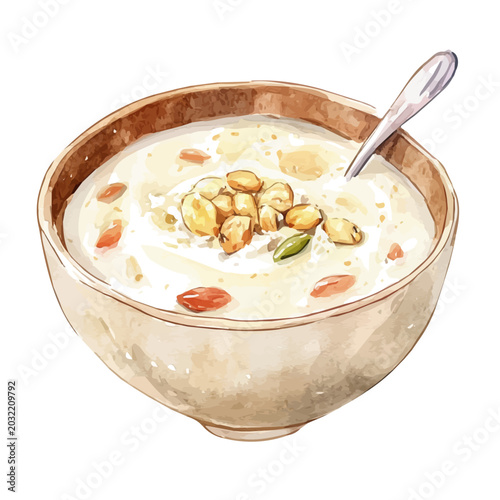 Kheer, watercolor clipart showcasing whimsical details and harmonious color flow, isolated on a white background.