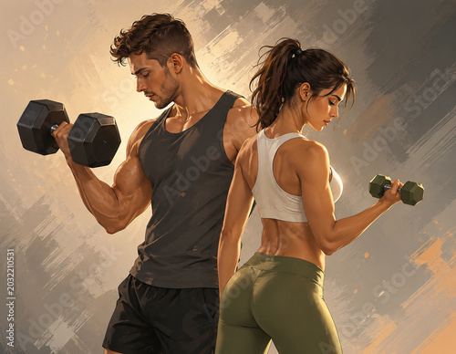 Stylized fitness illustration featuring athletic man and woman performing dumbbell workouts back to back. Modern gym lifestyle concept with strength training, muscular physique.