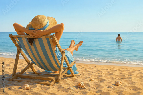 Relaxed summer vacation scene on a sandy beach with a woman resting in a deck chair near the ocean under clear blue sky. Peaceful seaside atmosphere with seashells, calm water, and warm sunlight.
