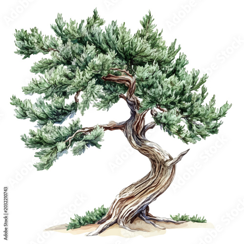 watercolor painting of Juniper Tree, isolated on a white background.