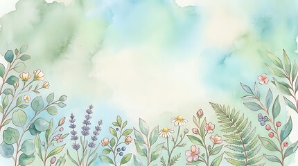 Soft watercolor botanical background with green leaves, wildflowers, and ferns on a pastel sky texture, perfect for cards and invitations.