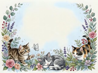 Watercolor floral frame with cute kittens, roses, lavender, and berries. Soft pastel border with copy space for greeting cards or invitations.
