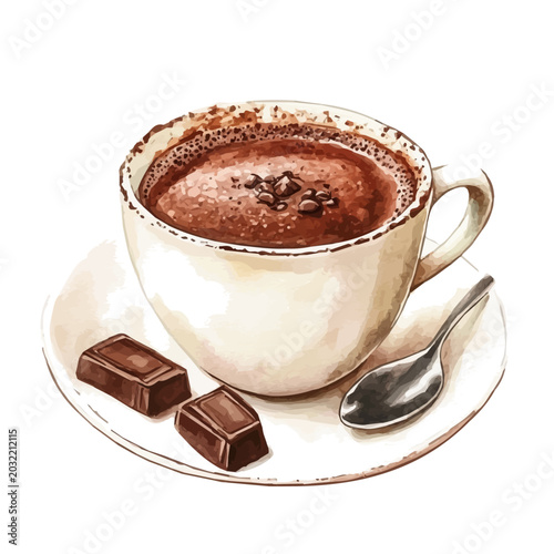 Foto Italian Cioccolata Calda, watercolor vector portraying a joyful pose with colorful highlights, isolated on a white background