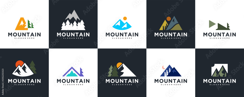 Fototapeta premium A collection of wild explorer logos with the concept of mountains and pine trees, adventure, outdoors, graphic vector inspiration.