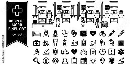 Tableau sur toile Hospital Ward Pixel Art Black White-Patient Bed Monitor Staff-Retro Clinical Vec