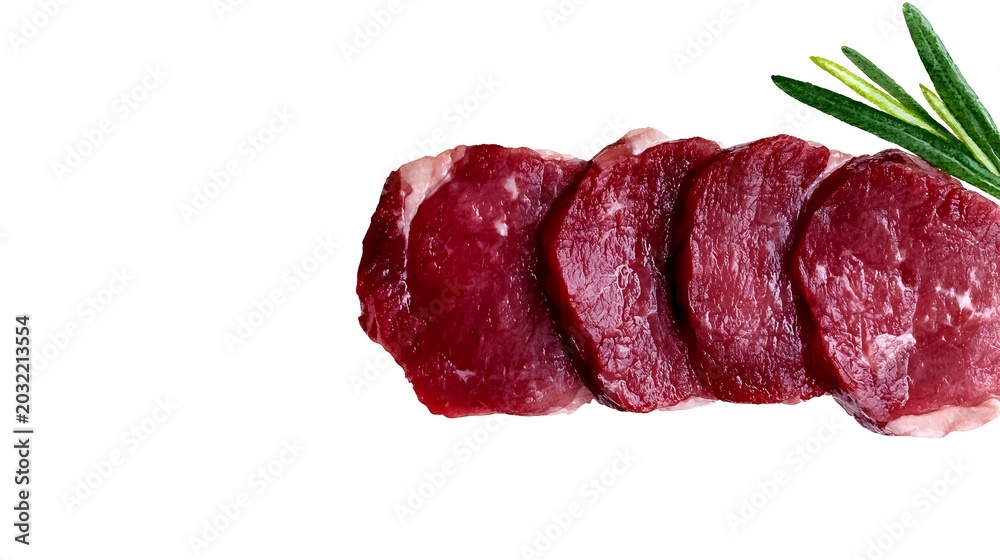 Fototapeta premium Fresh raw beef tenderloin slices with rosemary herb on white background. Premium red meat cuts for cooking, grilling and culinary preparations.