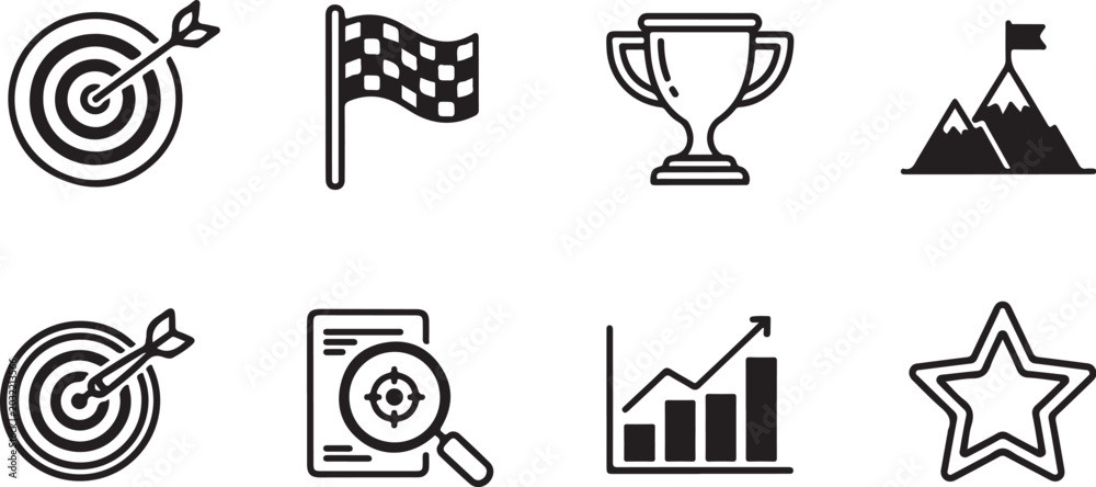 Fototapeta premium Set of eight motivational vector icons with target, race flag, trophy, mountain, and star Vector