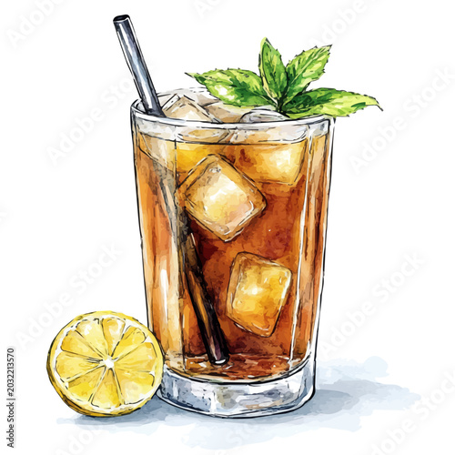 Iced Tea, watercolor illustration featuring playful movement and lively expressions, isolated on a white background.