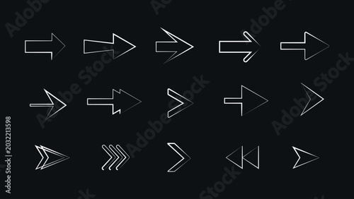 Minimalist arrow line art icons set on black background.