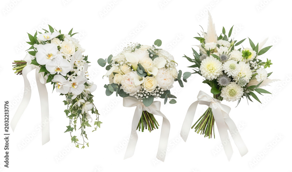 Obraz premium Three assorted white bridal flower bouquets with satin ribbons isolated transparent background image