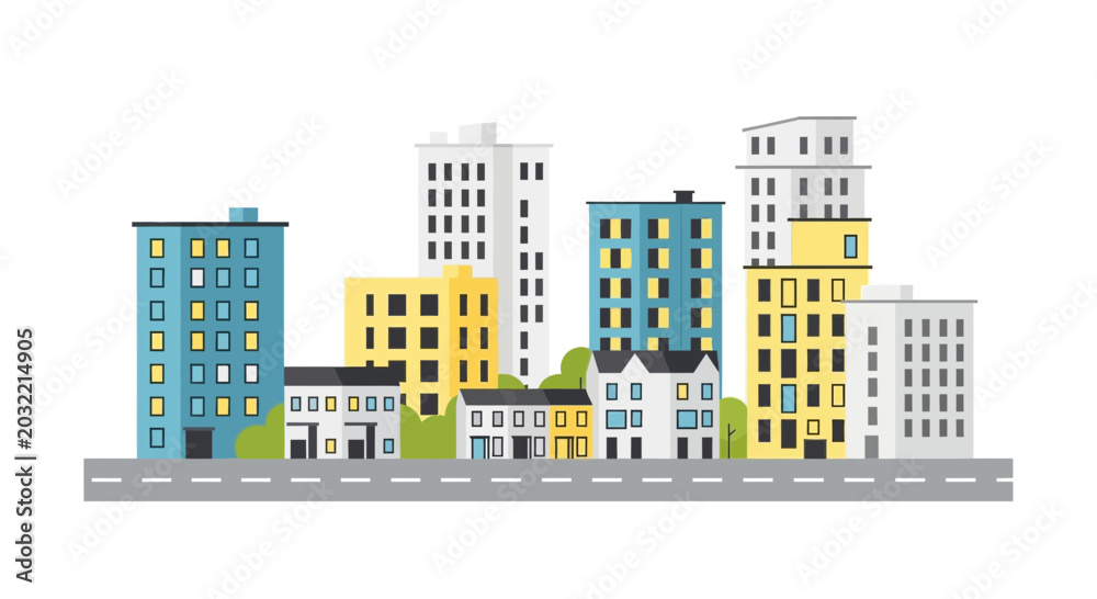 Fototapeta premium Modern Cityscape Illustration with Colorful Buildings and Street