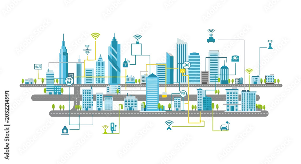 Obraz premium Smart City Skyline Connected by Technology and IoT