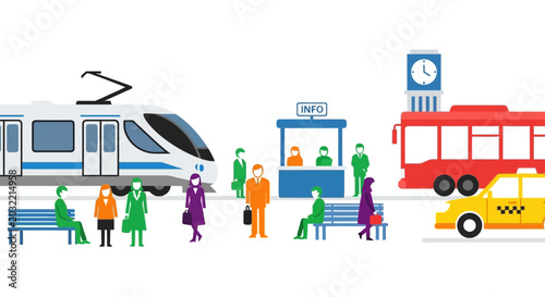 Foto Public Transport Hub: People, Train, Bus, Taxi, Info Booth