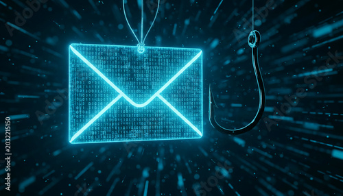 Neon blue envelope filled with binary code, hooked by a fishing hook, symbolizing online deception and data theft, conceptualizing cybersecurity threats.