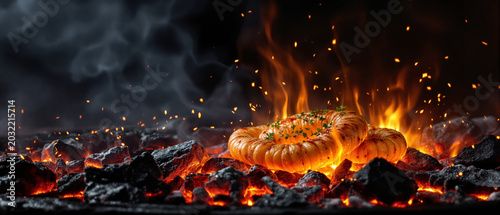 Azerbaijani bread baking on hot coals with flames and smoke  