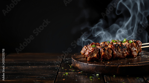 Grilled meat skewer with steam on wooden plate in dark setting - Concept of Cinematic Azerbaijani Food Photograph  