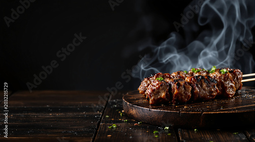 Grilled meat skewers with smoke on wooden board in dark setting  