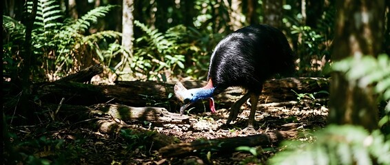 Cassowary bird foraging on forest floor among ferns and fallen logs in tropical rainforest habitat. Wildlife photography for nature documentaries and educational content.