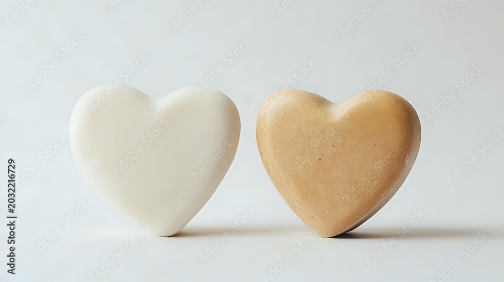 Obraz premium Two heart-shaped soap bars in cream and beige colors on white background for skincare, spa treatments, and romantic wellness concepts.