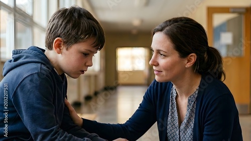 Empathetic woman talking to a crying little boy sitting by lockers. Illustrating kindness, guidance, and teacher-student relationship during a difficult moment in a primary school