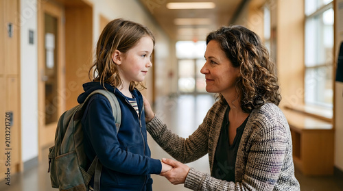 Kind female teacher or mother comforting a sad young girl in a school hallway. Concept of empathy, emotional support, and mental health for children within a primary education environment