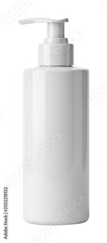 Minimalist white plastic pump dispenser bottle standing upright in studio light isolated transparent background image