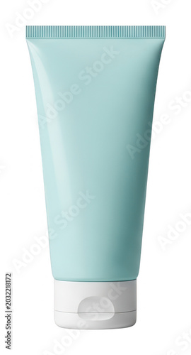 Light blue matte plastic cosmetic tube with white flip cap standing upright isolated transparent background image