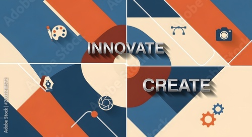 Innovation and creativity concept with abstract geometric shapes and bold typography on vibrant background