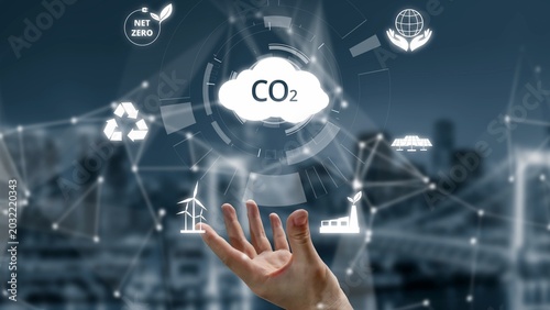 Photography Net zero goals and CO2 reduction strategy driving sustainability, green energy integration, net zero emissions policies, and climate-friendly sustainability solutions for business and society