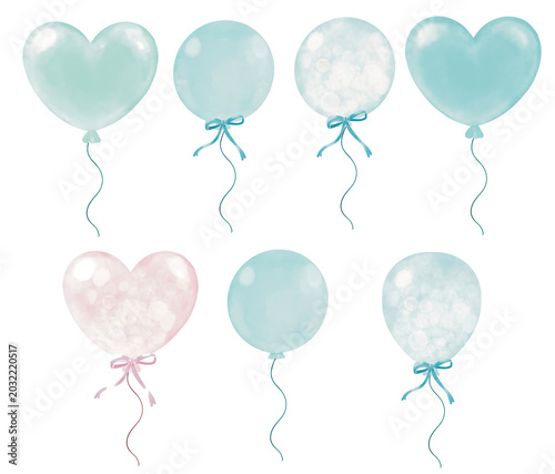 Pastel Heart and Round Balloon Watercolor Clipart Set