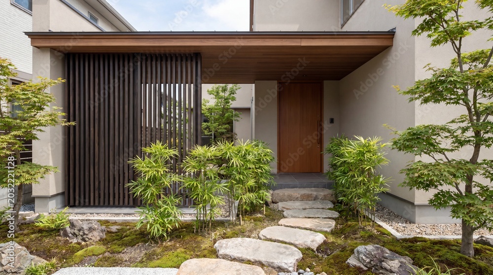 Fototapeta premium Asian inspired portico, Dark timber screen, Low horizontal roofline, Stone stepping path, Calm garden entrance, Minimal home exterior