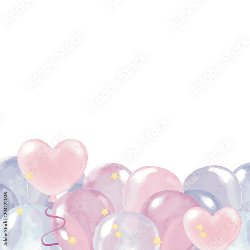 Pastel Balloon Border Watercolor Decoration with Hearts and Stars