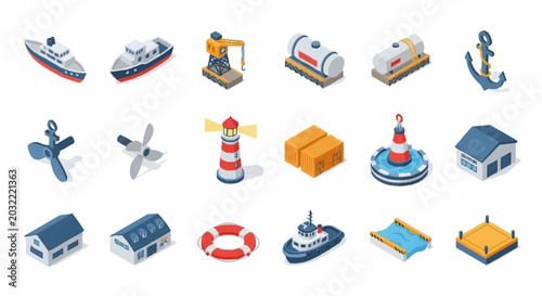 Foto Isometric icons representing various elements of a port and maritime industry, including ships, cranes, lighthouses, and buildings