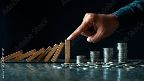 A hand pushes a wooden block, triggering a domino effect towards stacks of coins, symbolizing growth and investment.